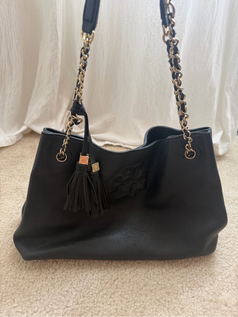 Tory Burch Black Leather Shoulder Tote with Tassel Chain Straps